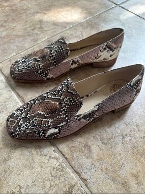 Vince Camuto Snake-Print Loafers in Brown and Cream